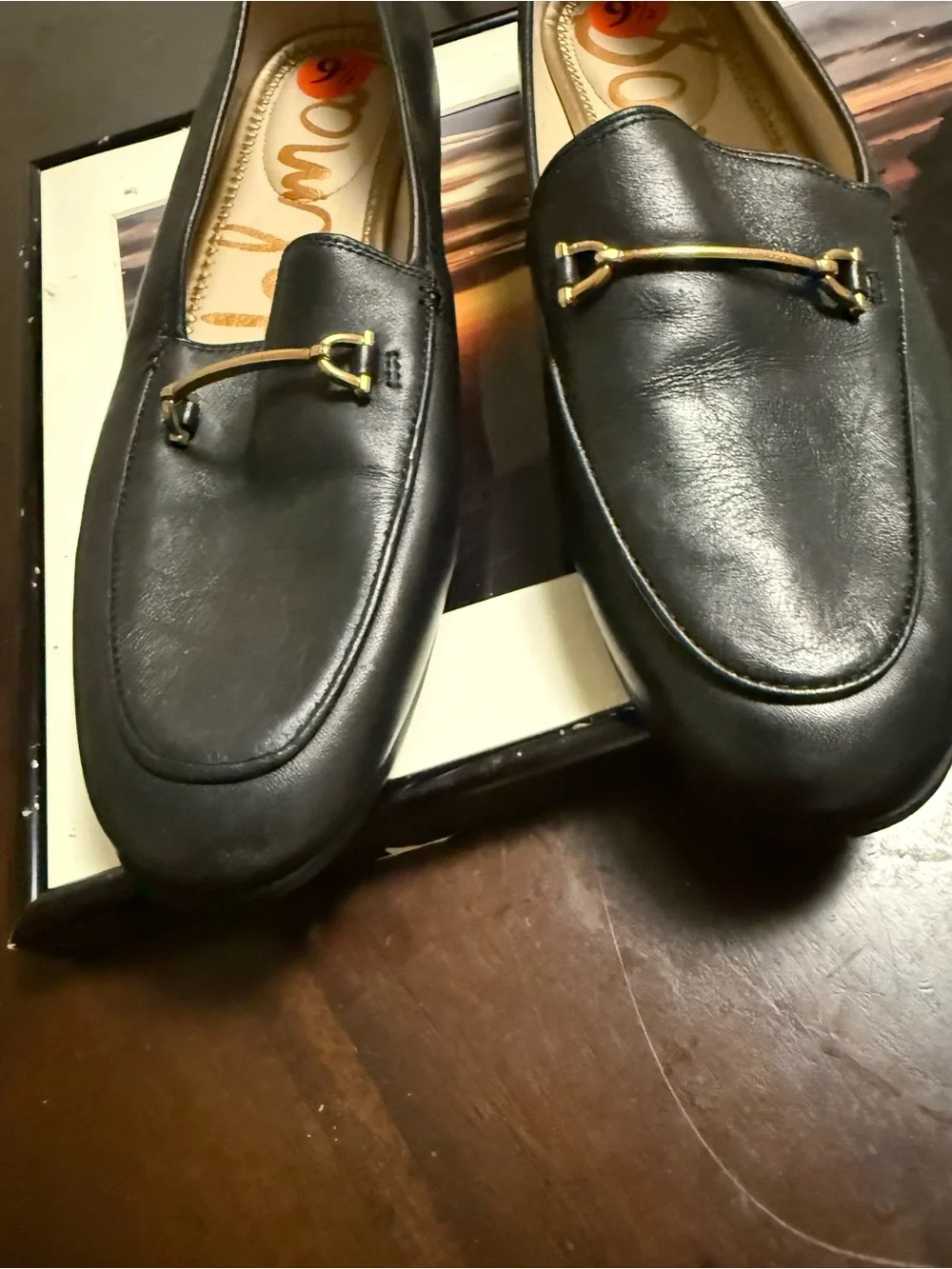 Sam Edelman Black Leather Espadrille-Style Loafers with Gold Accent